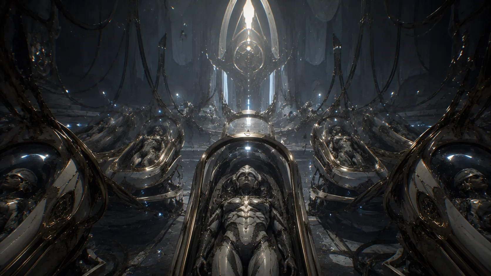 Sıra sıra dizilmiş Tenno uyku kapsülleri