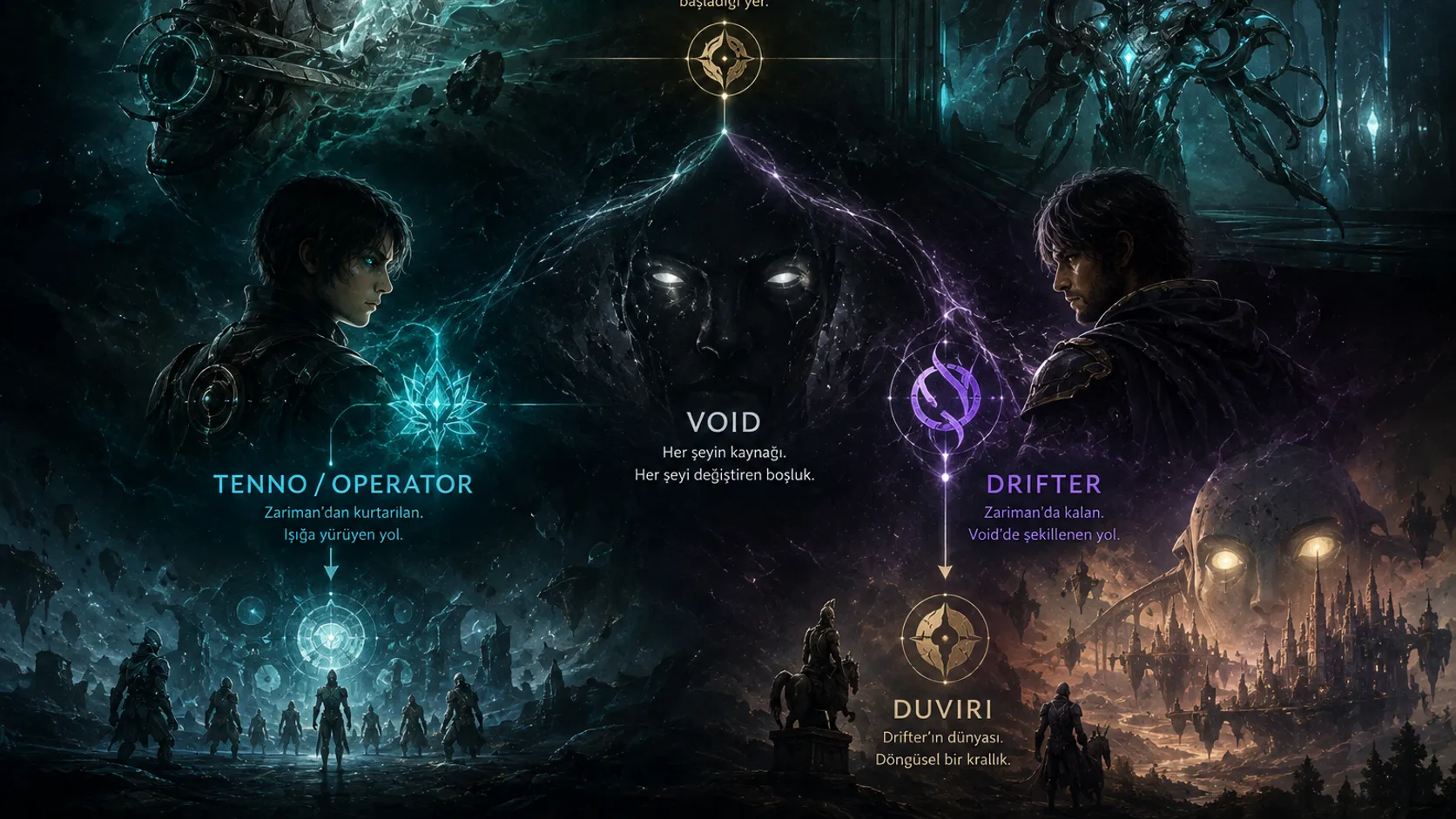 Zariman, Void, Tenno/Operatör, Drifter ve Duviri bağlarını gösteren şema
